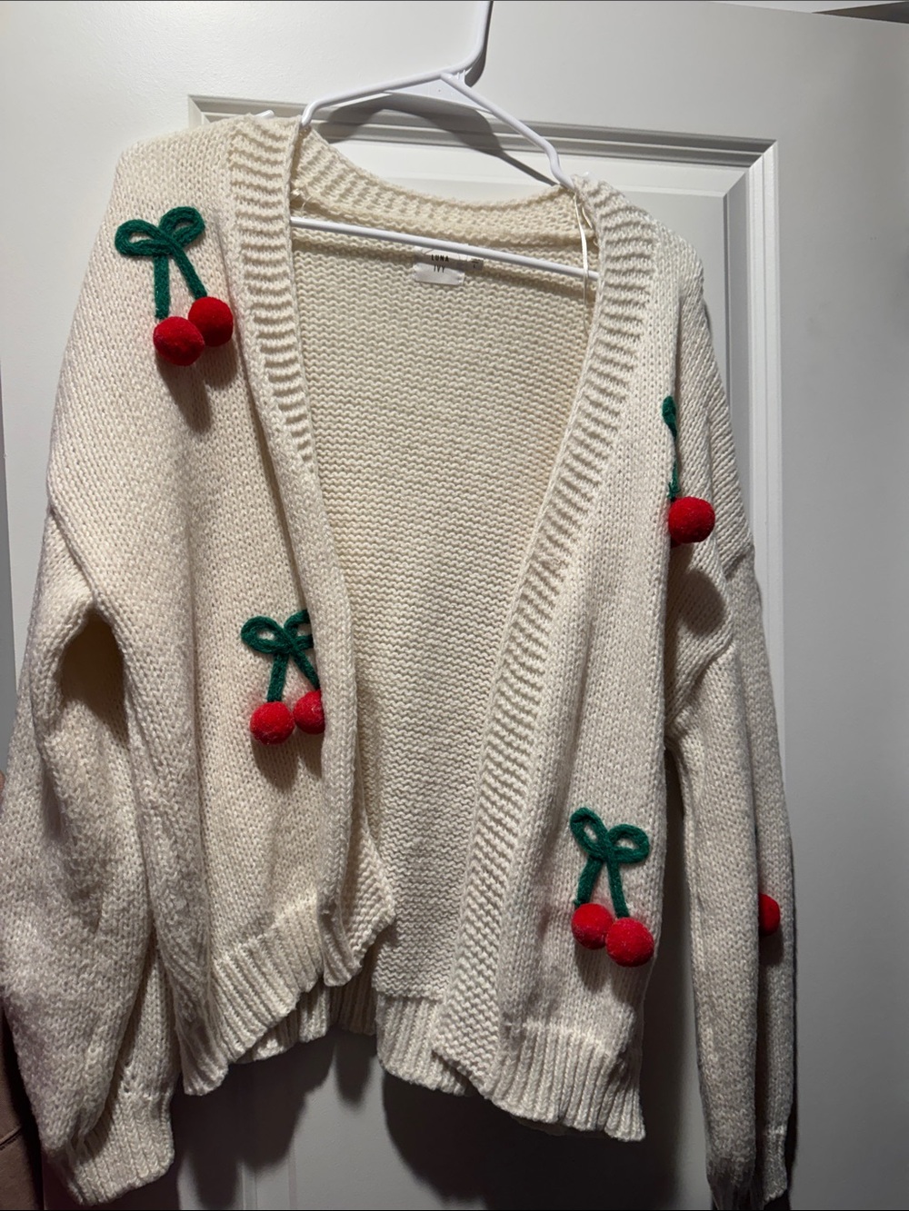 Cream Cherry Appliqué Open-Front Sweater Cardigan